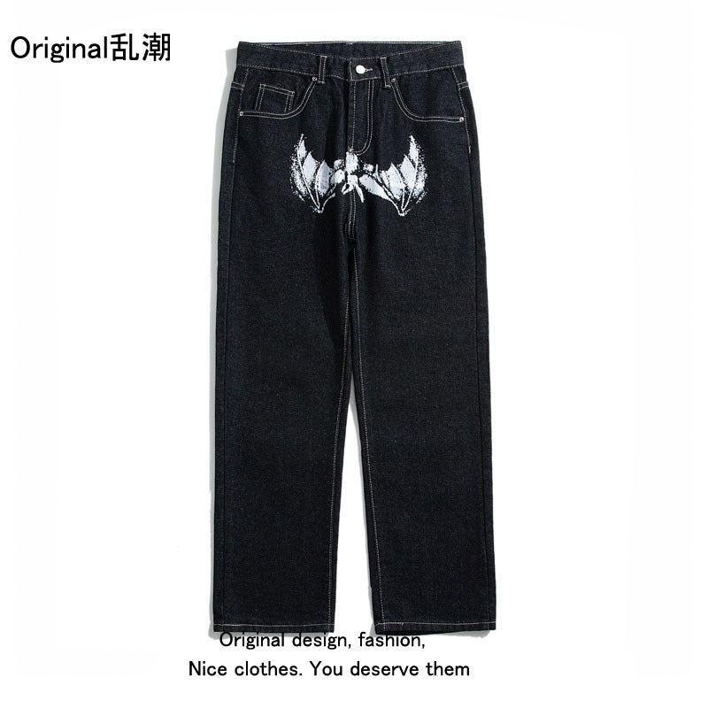 American street retro hip hop trend skull print jeans Vibe style nine point pants straight tube loose male trend