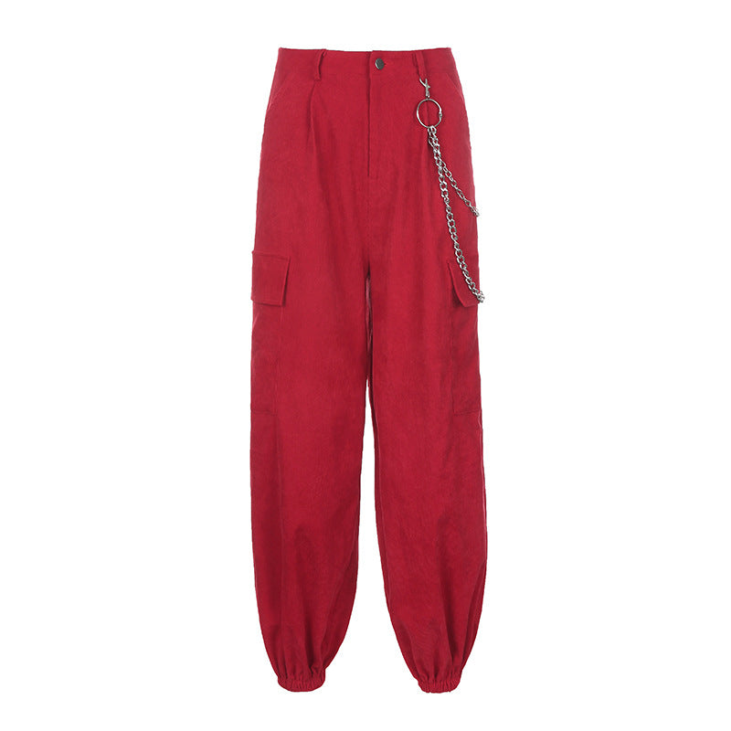 Slacks Women Fall 2020 new high-waisted red corduroy handsome fashion baggy slim pocket corduroy pant