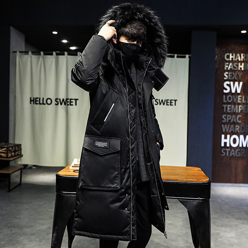 2021 new winter down jacket men's long fashion brand overalls hooded coat men's casual white eiderdown down jacket