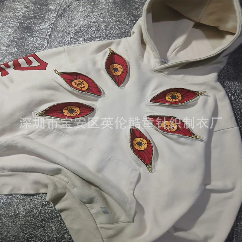 Eye-embroidered black Death autumn hoodie, zipper pocket pullover, long-sleeved loose top