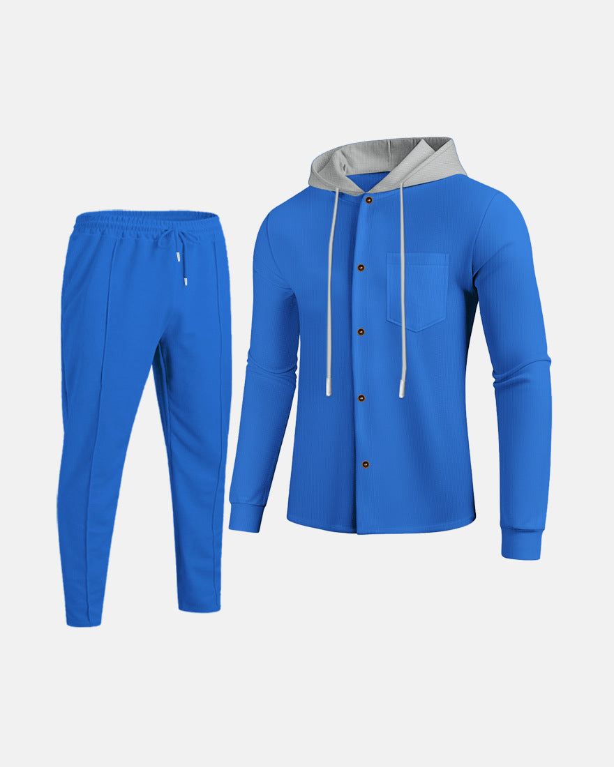 Autumn Waffle men's casual hooded, color-blocked long-sleeved cardigan, jacket and trousers