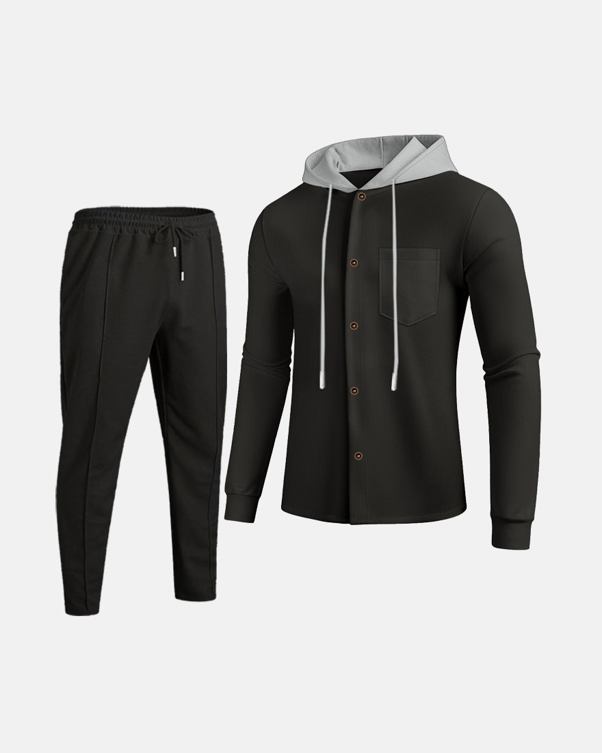 Autumn Waffle men's casual hooded, color-blocked long-sleeved cardigan, jacket and trousers