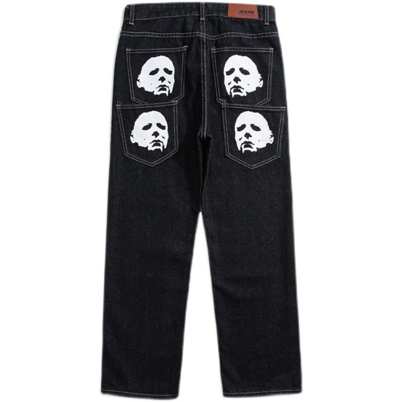 American street retro hip hop trend skull print jeans Vibe style nine point pants straight tube loose male trend