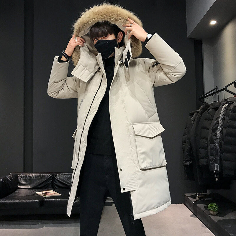 2021 new winter down jacket men's long fashion brand overalls hooded coat men's casual white eiderdown down jacket