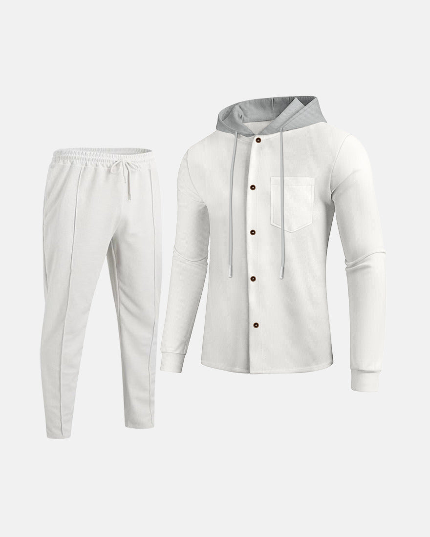 Autumn Waffle men's casual hooded, color-blocked long-sleeved cardigan, jacket and trousers