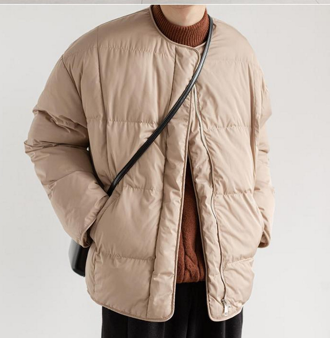 Collarless cotton-jacket men's niche design short lightweight cotton-jacket Korean version of ins solid color cotton jacket handsome