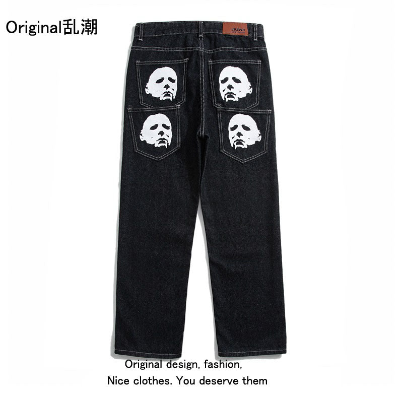 American street retro hip hop trend skull print jeans Vibe style nine point pants straight tube loose male trend