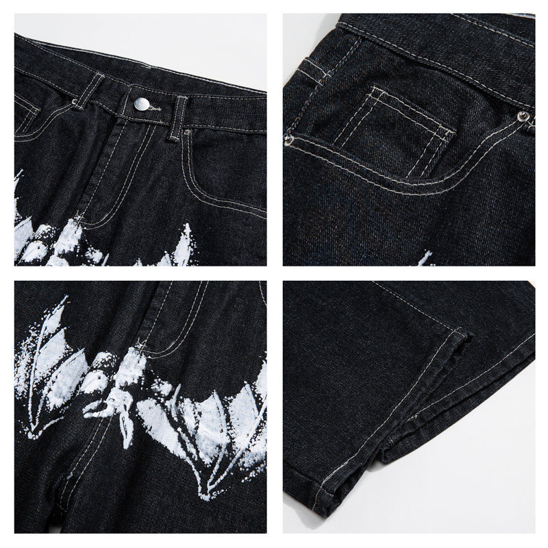 American street retro hip hop trend skull print jeans Vibe style nine point pants straight tube loose male trend