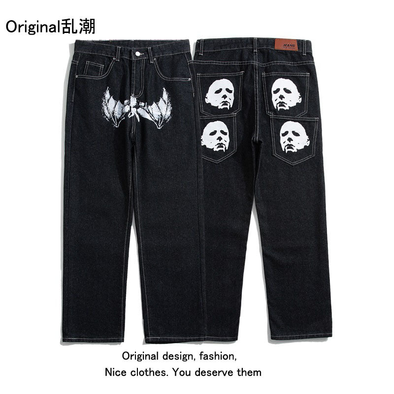 American street retro hip hop trend skull print jeans Vibe style nine point pants straight tube loose male trend