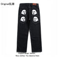 American street retro hip hop trend skull print jeans Vibe style nine point pants straight tube loose male trend