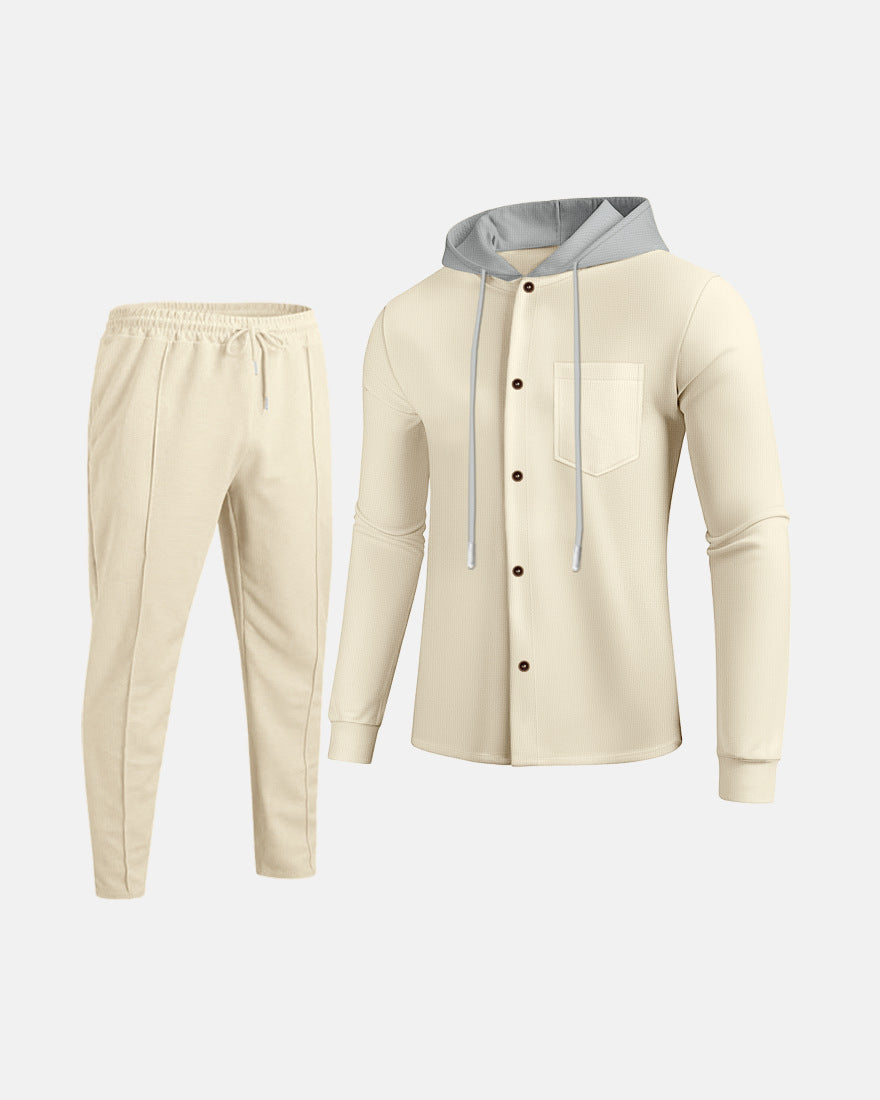Autumn Waffle men's casual hooded, color-blocked long-sleeved cardigan, jacket and trousers