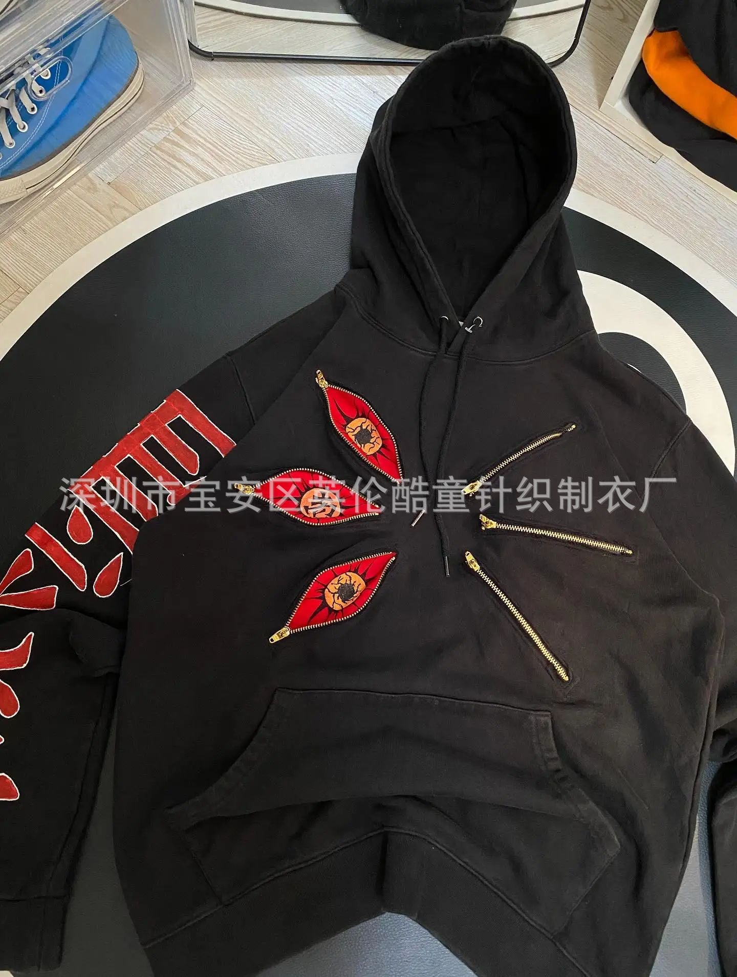 Eye-embroidered black Death autumn hoodie, zipper pocket pullover, long-sleeved loose top