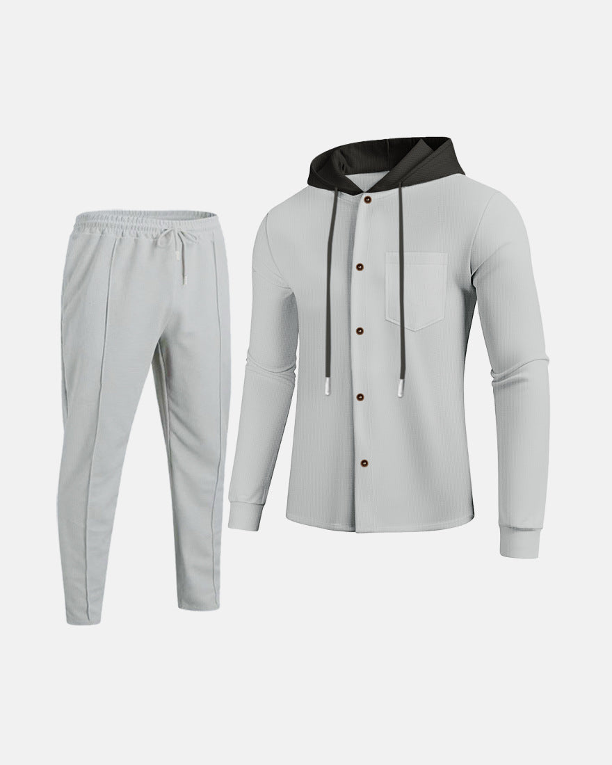 Autumn Waffle men's casual hooded, color-blocked long-sleeved cardigan, jacket and trousers